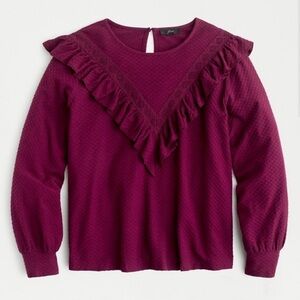 J. Crew Ruffle Trim Honeycomb Knit Cotton Blouse Top Plum Large Feminine Fall